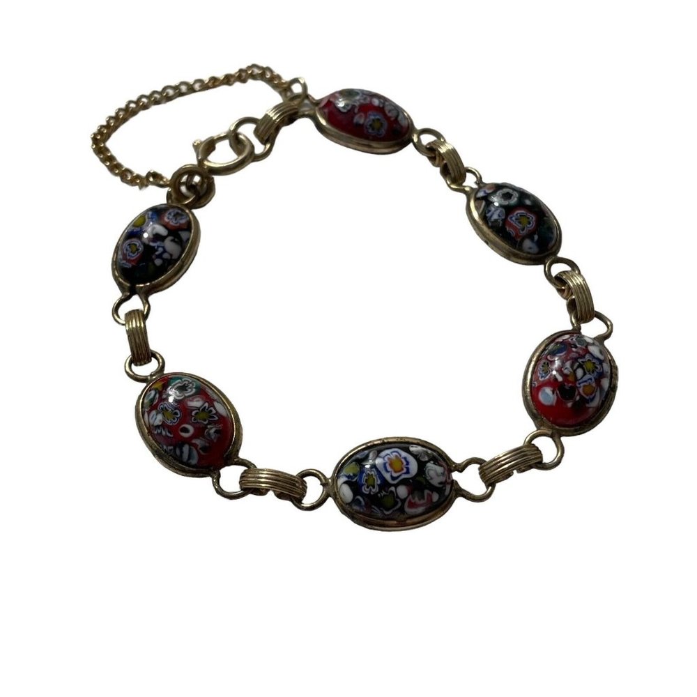 Vtg Millefiori Confettiβ Glass Cabochon Link Bracelet w/ Safety Chain Red Black